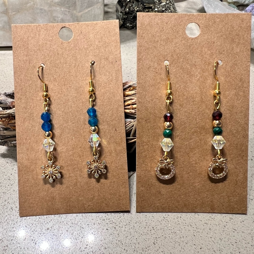 Two cute pairs of Holiday earrings (Snowflakes and Holiday wreaths)